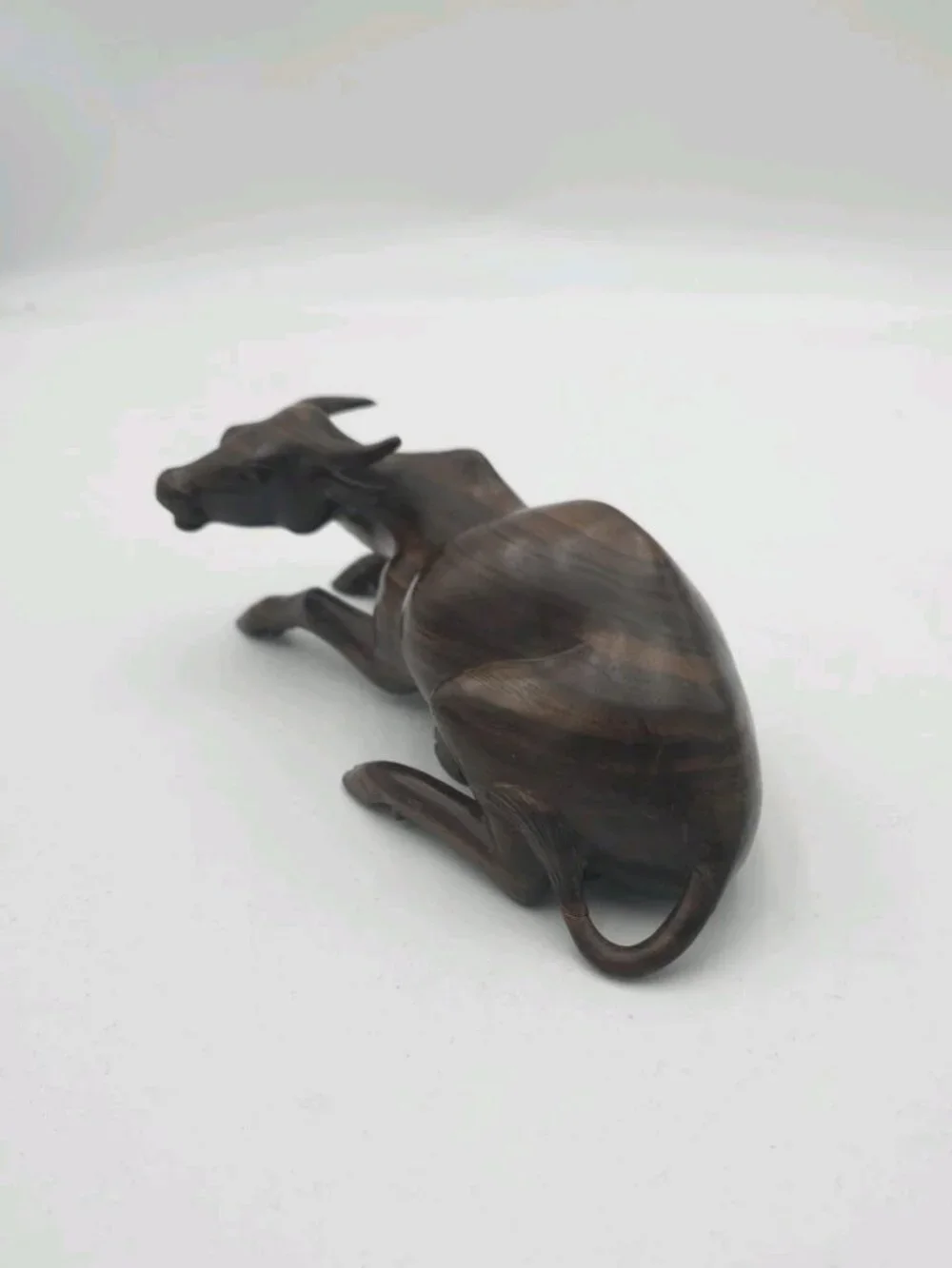 Vintage Hand Carved Wooden Resting Bull Ox Figurine Dark Wood Animal Sculpture